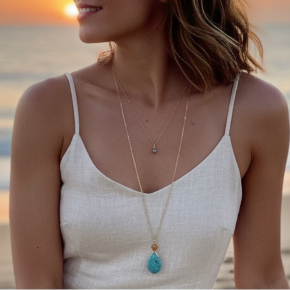 🆕Duo Long Necklace- Turquoise drop